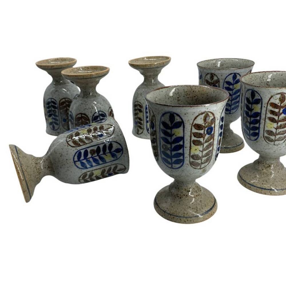 Stonewear Goblets Set Vintage Otagiri Style Berries Leaves 1970s Speckle